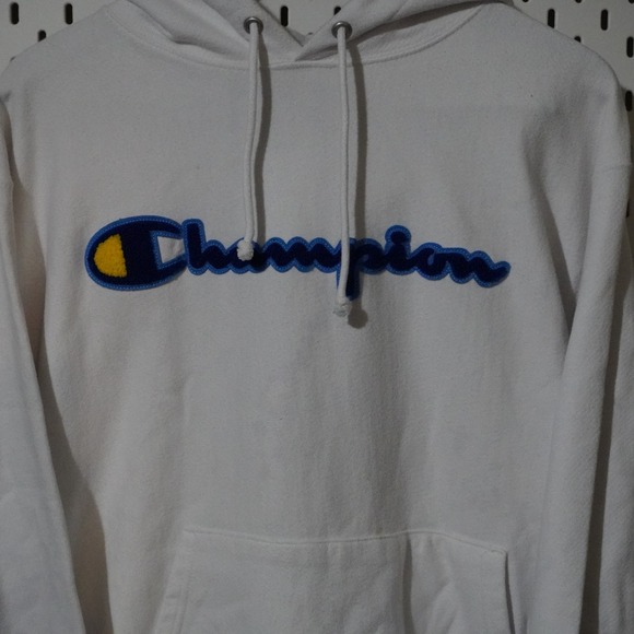 Champion Reverse Weave Hoodie Sweatshirt Blue‎ Yellow Logo White Mens Large - Picture 3 of 9